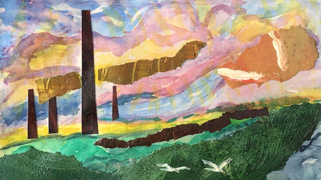 Image d'un tableau illustrant le paysage sudburois réalisé avec les techniques mixtes du collage et de l'aquarelle