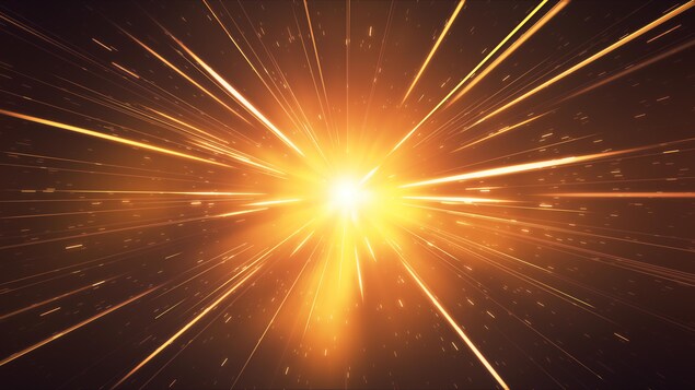 Une explosion se produit dans l'espace, causant de nombreux faisceaux lumineux. 