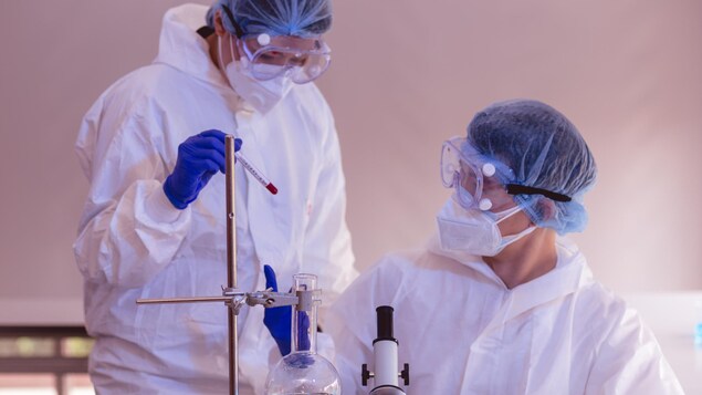 Des scientifiques masqués font des tests en laboratoire.