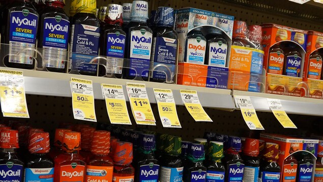 A row of medications containing phenylephrine, such as DayQuil and NyQuil.