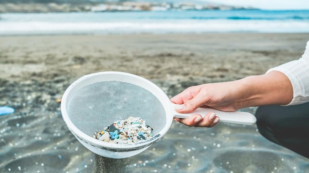 Une personne ramasse des microplastiques sur un bord de plage avec une passoire.