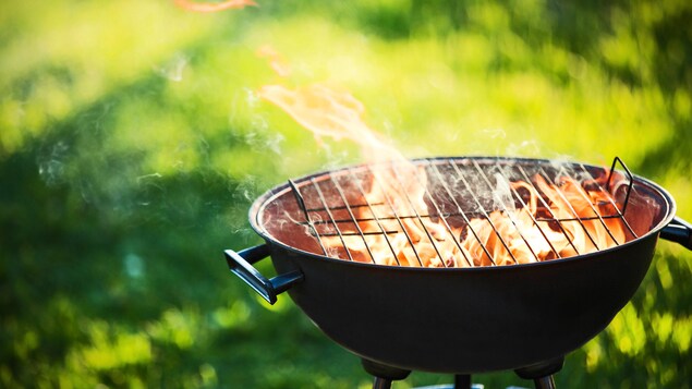 Un gril de barbecue dans lequel brûlent des flammes.