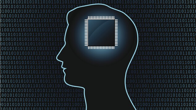 Illustration numérique représentant un homme avec une puce numérique dans son cerveau.