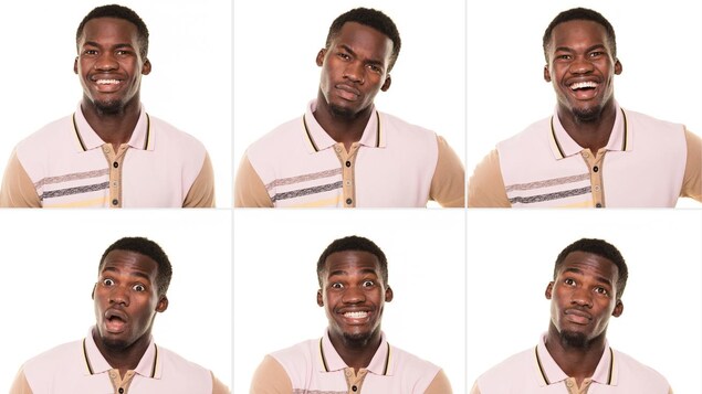 Six images d'un même homme qui fait différentes expressions faciales.