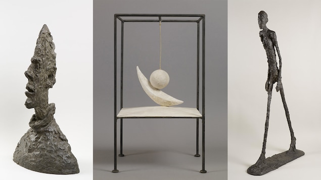 Il s'agit d'un montage de photos comprenant trois sculptures de Giacometti soit Grande tête mince, la Boule suspendue et l'homme qui marche.