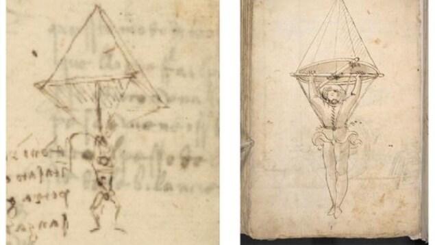 Montage de deux dessins d'archives de parachute.