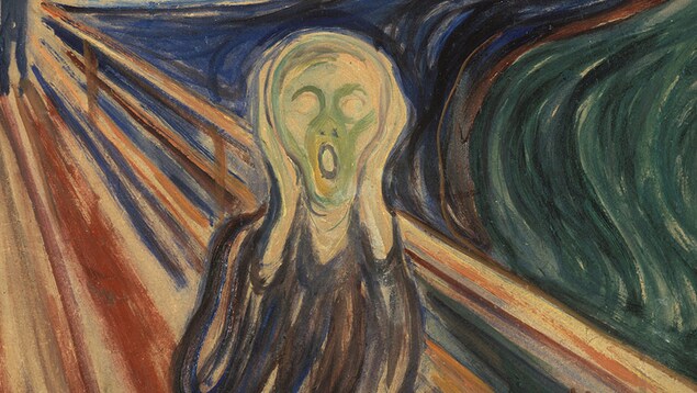une peinture expressionniste où une figure humanoïde a une expression horrifiée