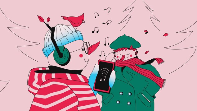 Dans la forêt enchantée, deux bonhommes de neige écoutent de la musique de Noël via une application de diffusion en continu.