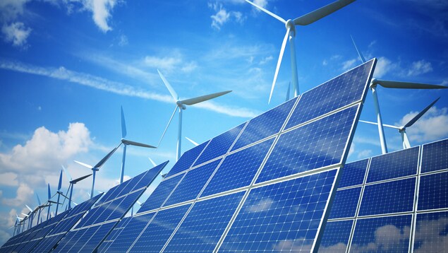 Panneaux solaires et éoliennes sous un ciel bleu.