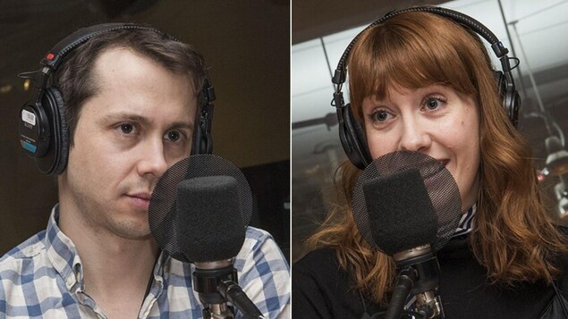 Montage photo des deux chroniqueurs dans un studio de radio. 