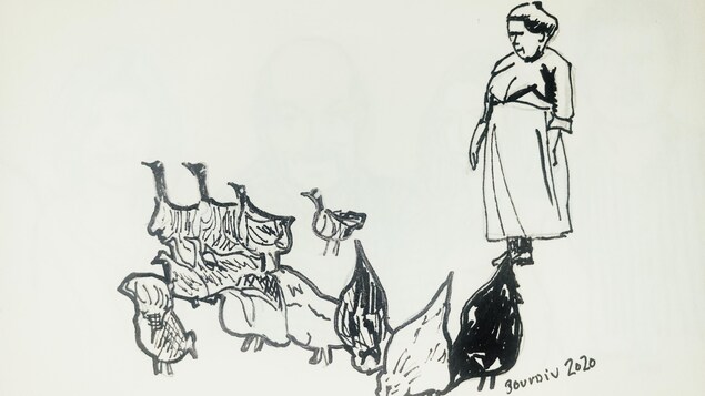 Un dessin d'une femme avec ses poules.