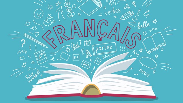 Illustration d'un livre ouvert dont émergent les mots "français", "qui", "parlez", "verbes", "nous", "ne pas", "belle". 