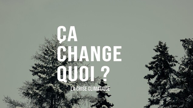 Le titre « Ça change quoi? La crise climatique » écrit sur fond de paysage d'arbres enneigés. 