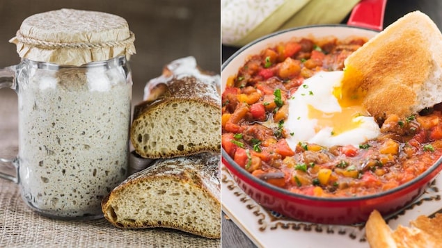 Montage de deux photos de levain dans un pot Masson et d'une ratatouille servie dans une casserole avec un œuf poché et une tranche de pain.