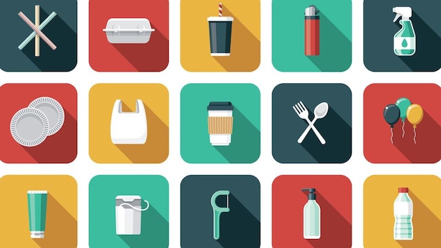 Illustrations sous forme d'icônes d'objets en plastique à usage unique variés : bouteille, tasse de café jetable, sac plastique, gant en plastique, tube de dentifrice...
