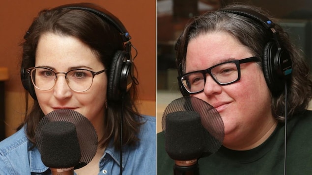 Montage de deux photos de Odrée Rousseau et Justine Philie devant des micros de radio.