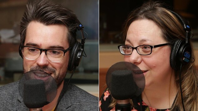 Montage de deux photos d'Olivier Bernard et Marilou Gougeon devant un micro de radio. 