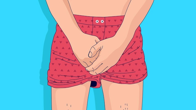 Illustration d'un homme en caleçon qui se cache le sexe avec ses deux mains.