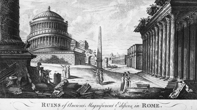 Une peinture datant de 1850 montrant la ville de Rome en ruines à l'époque de l'Antiquité.