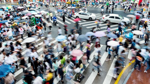 Des dizaines de piétons en mouvement traversent une intersection un jour de pluie. 