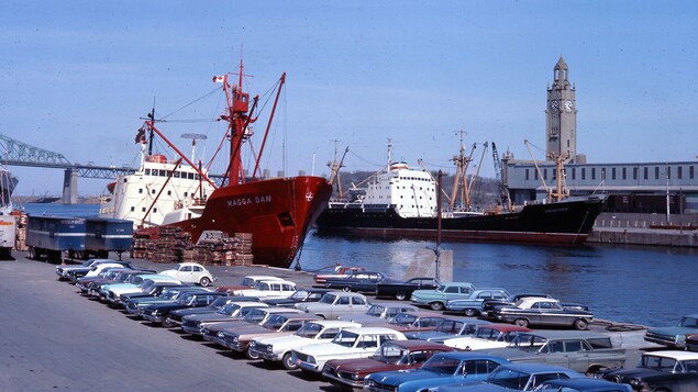 Le port de Montréal et la tour de l'Horloge en 1966