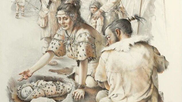Dessin représentant un groupe d'humains préhistoriques lors de l'enterrement d'un bébé