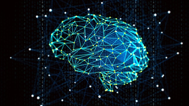 Un cerveau dessiné grâce à un ensemble de points et de lignes colorés formant un réseau lumineux sur un fond noir.