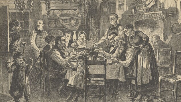 Une coupure de presse du 19e siècle montrant une fête du réveillon de Noël au Bas-Canada.