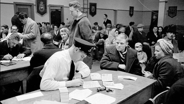 Examens des nouveaux arrivés au pays dans la salle d'examens immigration, Quai 21, Halifax (Nouvelle-Écosse), mars 1952