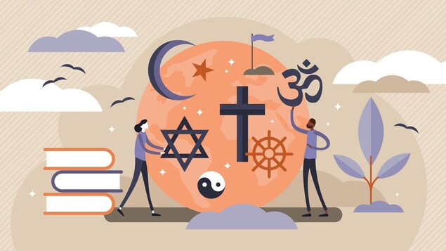 Illustration des signes de plusieurs religions et de deux silhouettes.