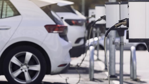 Un stationnement avec des voitures électriques branchées sur des bornes de recharges.