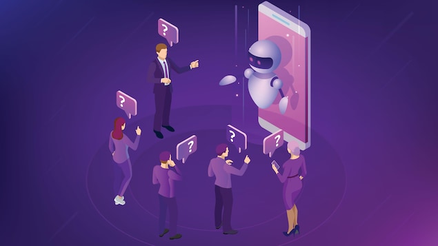 Quelques personnes échangent avec un robot qui semble sortir d'un téléphone cellulaire.