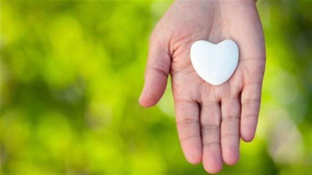 Une main ouverte à la verticale tient un caillou en forme de coeur. 