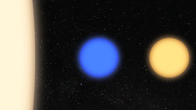 Comparaison entre le Soleil (à gauche), la naine blanche bleutée WD J2356-209 (au centre) et une étoile naine blanche (à droite).
