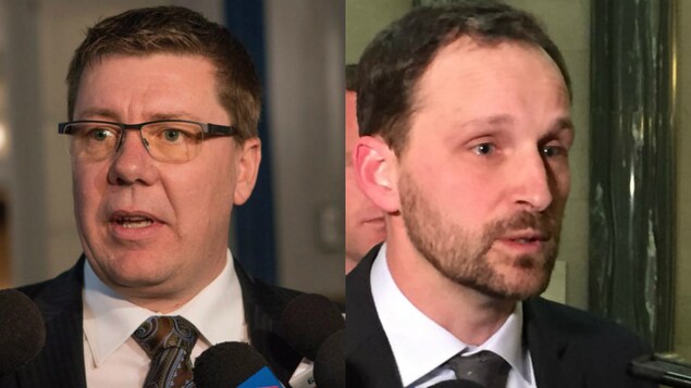 Montage des visages du premier ministre de la Saskatchewan, Scott Moe, et du chef de l'opposition, Ryan Meili.