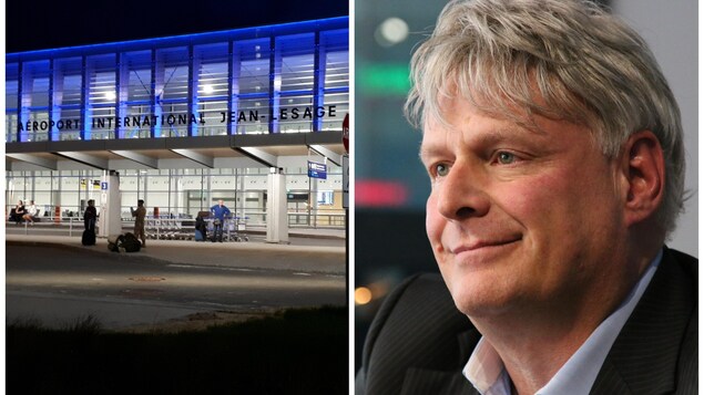 Double photographie : un homme en costume cravate sourit à droite. À gauche, l'entrée de l'aéroport de nuit avec la façade éclairée en bleu.