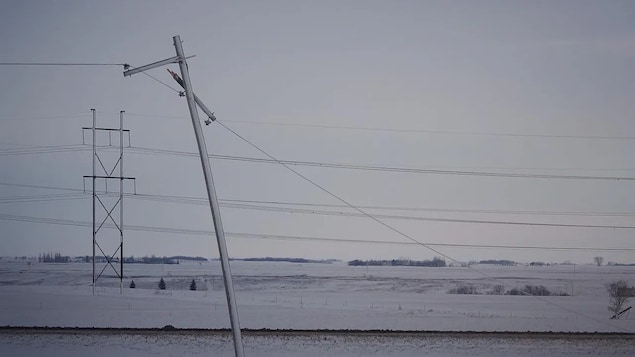 Colonne d'alimentation brisée dans un paysage hivernal du sud-est de la Saskatchewan. 