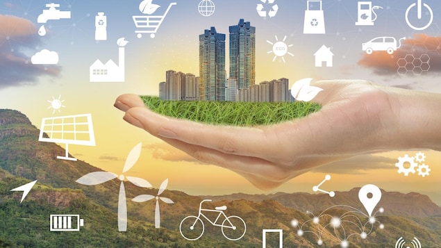 Une main supporte une ville verte avec des icones écologiques, le tout sous le concept de sauver la terre.