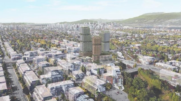 Un plan des trois tours est présenté avec le centre-ville de Vancouver à l'arrière.