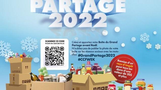 Affiche de la campagne du Grand Partage 2022 avec des images de boites remplies de denrées non périssables et les logos des partenaires.