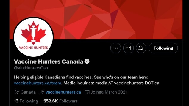 La page Twitter du groupe Vaccine Hunters Canada