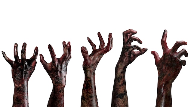 Des mains ensanglantées de zombies. Le zombie existe bel et bien.