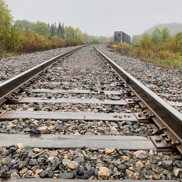 Une voie ferrée traverse un paysage forestier et un pont ferroviaire à Wemotaci.