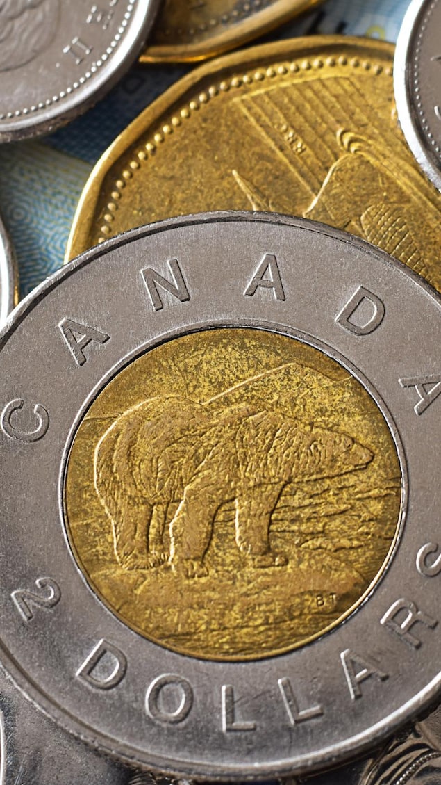 Gros plan sur des pièces de 5 cents, de 10 cents, de 1 dollar et de deux dollars. 