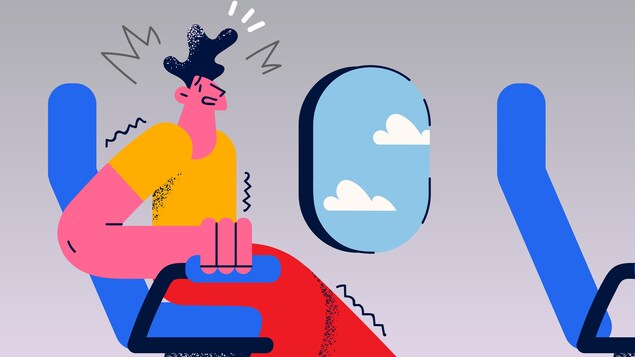 Illustration vectorielle d'un jeune homme stressé assis dans un fauteuil d'avion ayant peur durant le voyage. 