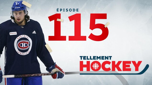Alexander Romanov en chandail d'entrainement sur fond blacn avec le logo Tellement hockey en rouge et le lettrage épisode 115 en surimpression rouge.