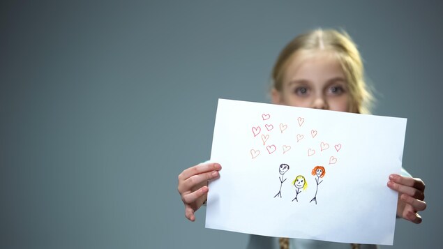 Une petite fille exhibe un dessin d'elle-même et de ses parents.