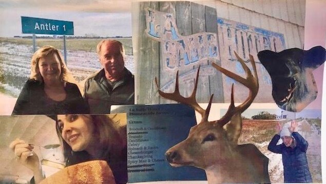 Collage fait par la Fureteuse du bar à Antler en Saskatchewan. Images d'un chevreuil, un ours, un menu, une enseigne, les propriétaires du retaurant Collage fait par la Fureteuse du bar à Antler en Saskatchewan. Images d'un chevreuil, un ours, un menu, une enseigne, les propriétaires du retaurant