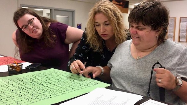 Trois femmes regardent une affiche sur laquelle est imprimé du braille.