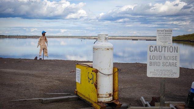 Un épouvantail ressemblant à un travailleur pétrolier et une bonbonne sont visibles devant une étendue d’eau.